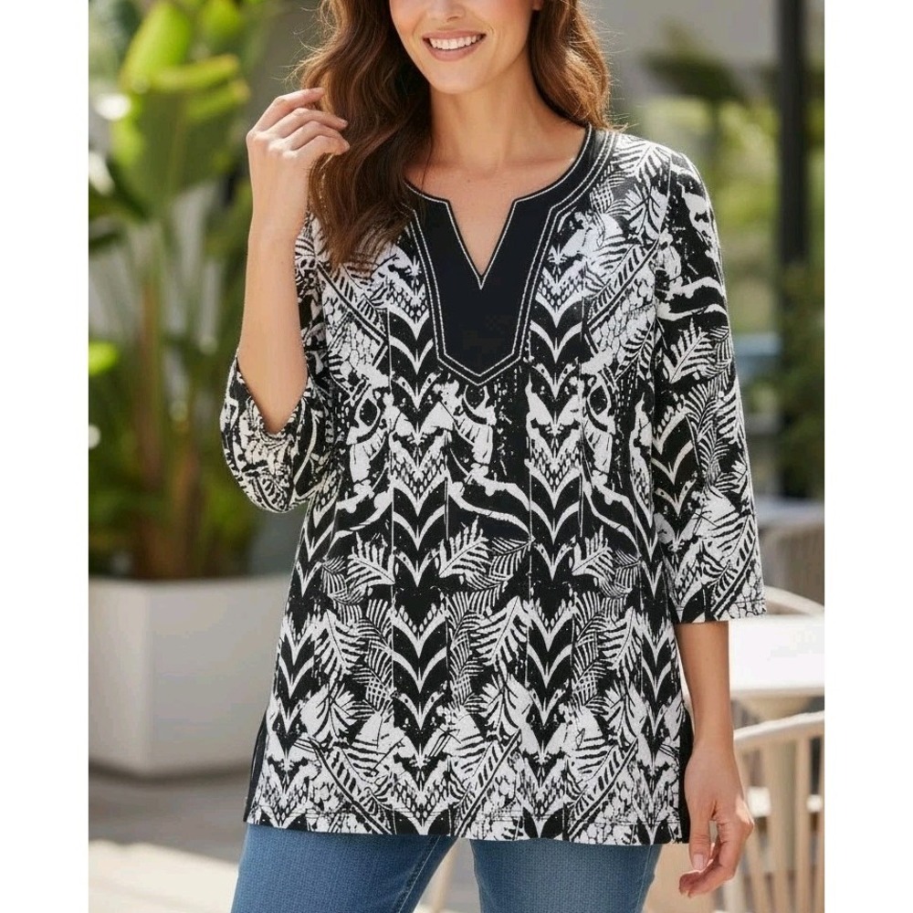 Coral‎ Bay M Petite NWT black/white Jungle print tunic top Quarter Sleeve Resort